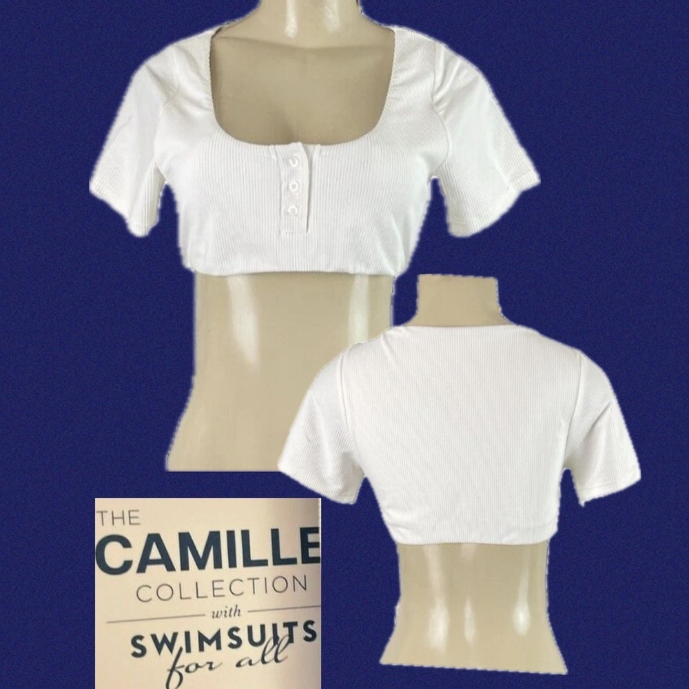 Swimsuits For All 1XL Cream White Lined Ribbed Short Sleeve Cropped Swim Top